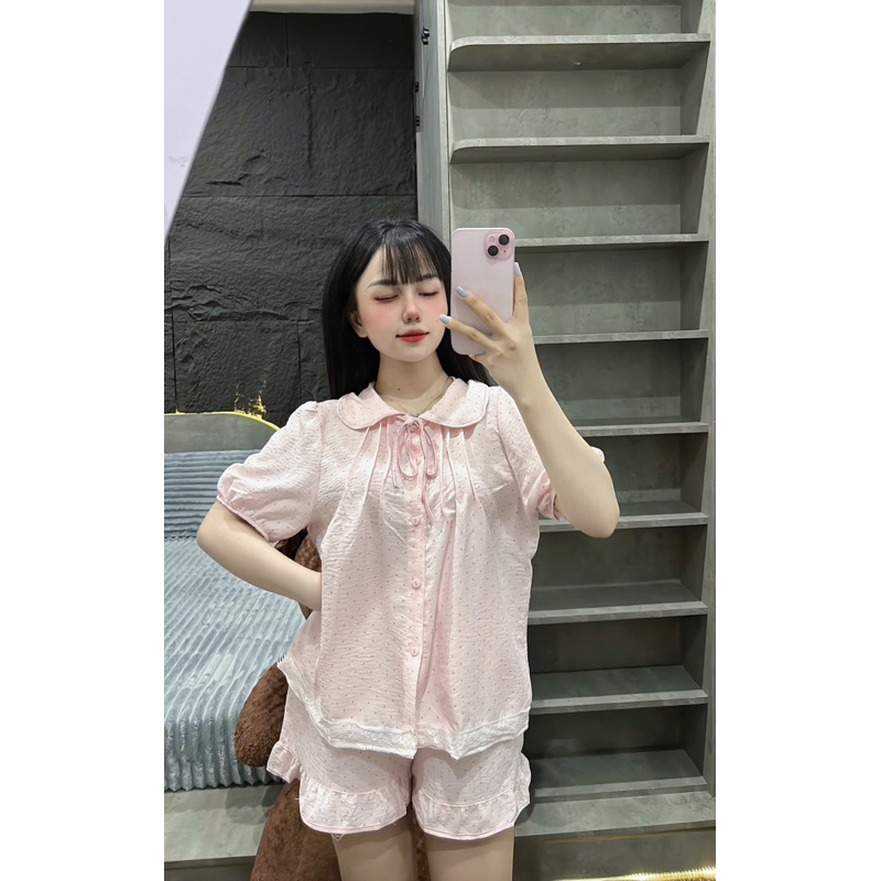 (35-50kg) Bộ pijama đùi chất đũi cổ Sen form nhỏ dễ thương
