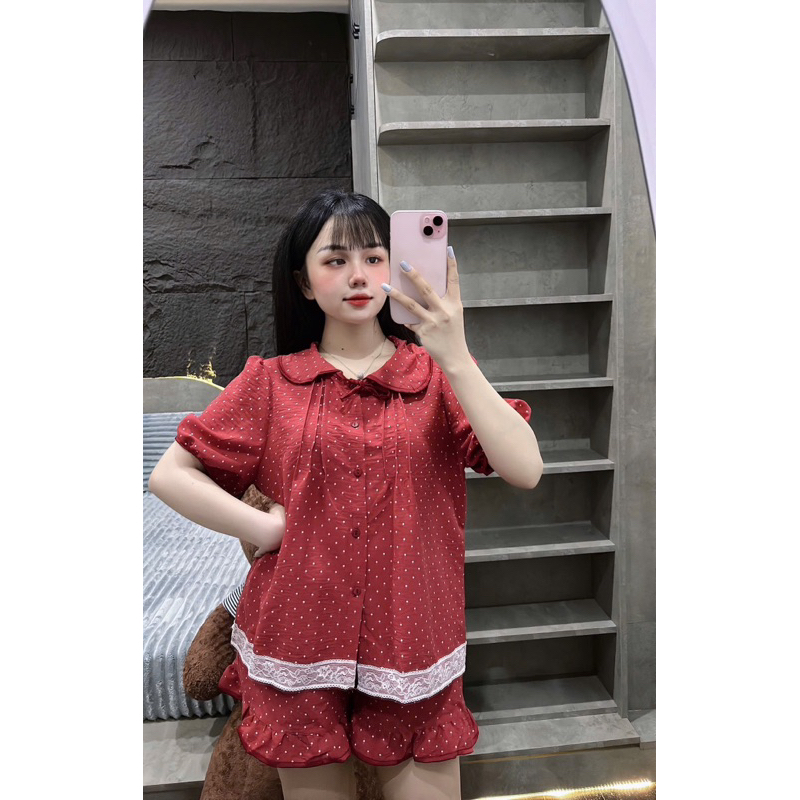 (35-50kg) Bộ pijama đùi chất đũi cổ Sen form nhỏ dễ thương