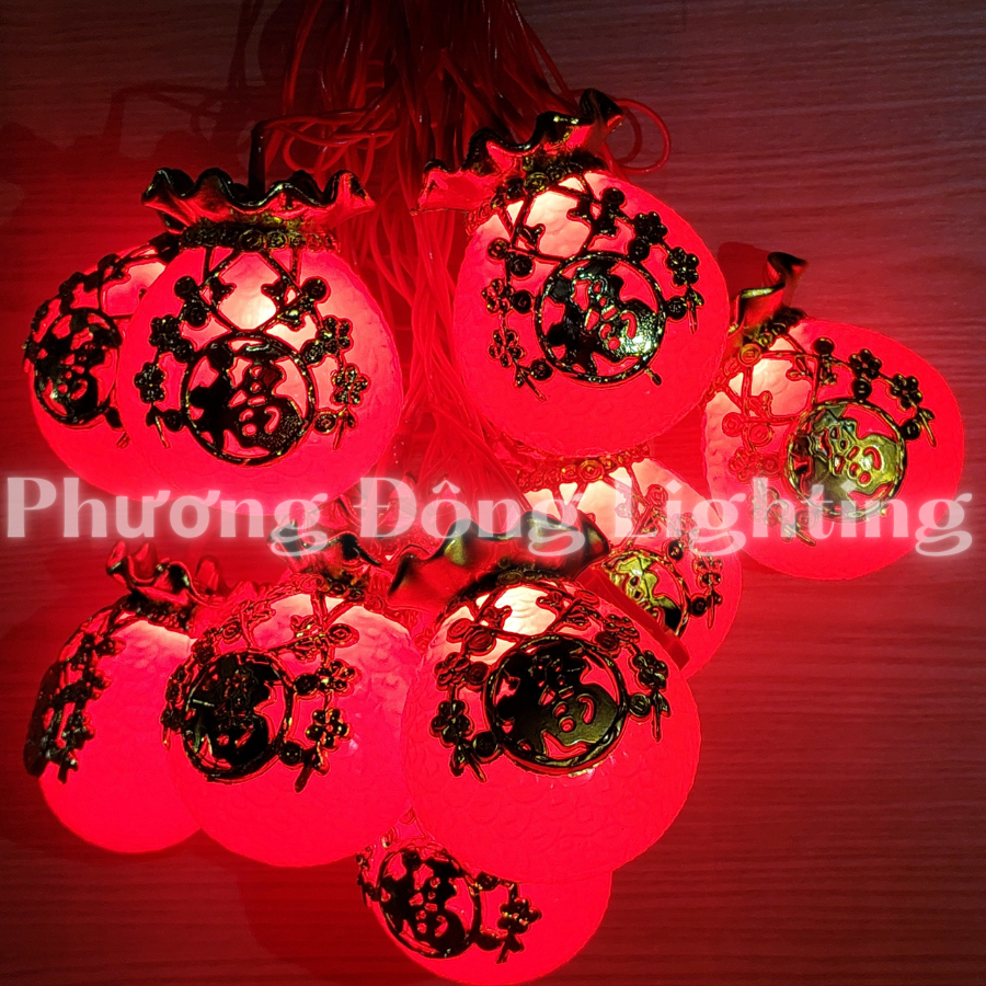 Dây lồng đèn LED hình túi tiền Chữ Phúc 5m - 10 bóng Màn lồng đèn đỏ túi tiền Cắm điện 220v
