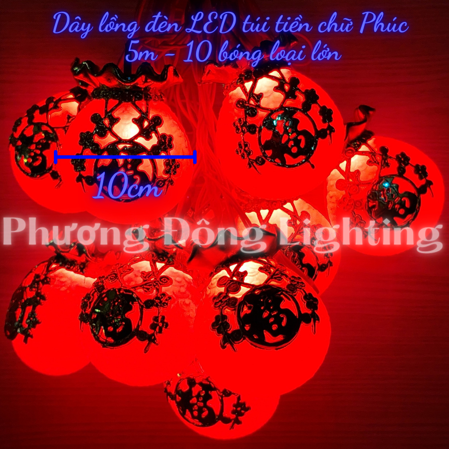 Dây lồng đèn LED hình túi tiền Chữ Phúc 5m - 10 bóng Màn lồng đèn đỏ túi tiền Cắm điện 220v