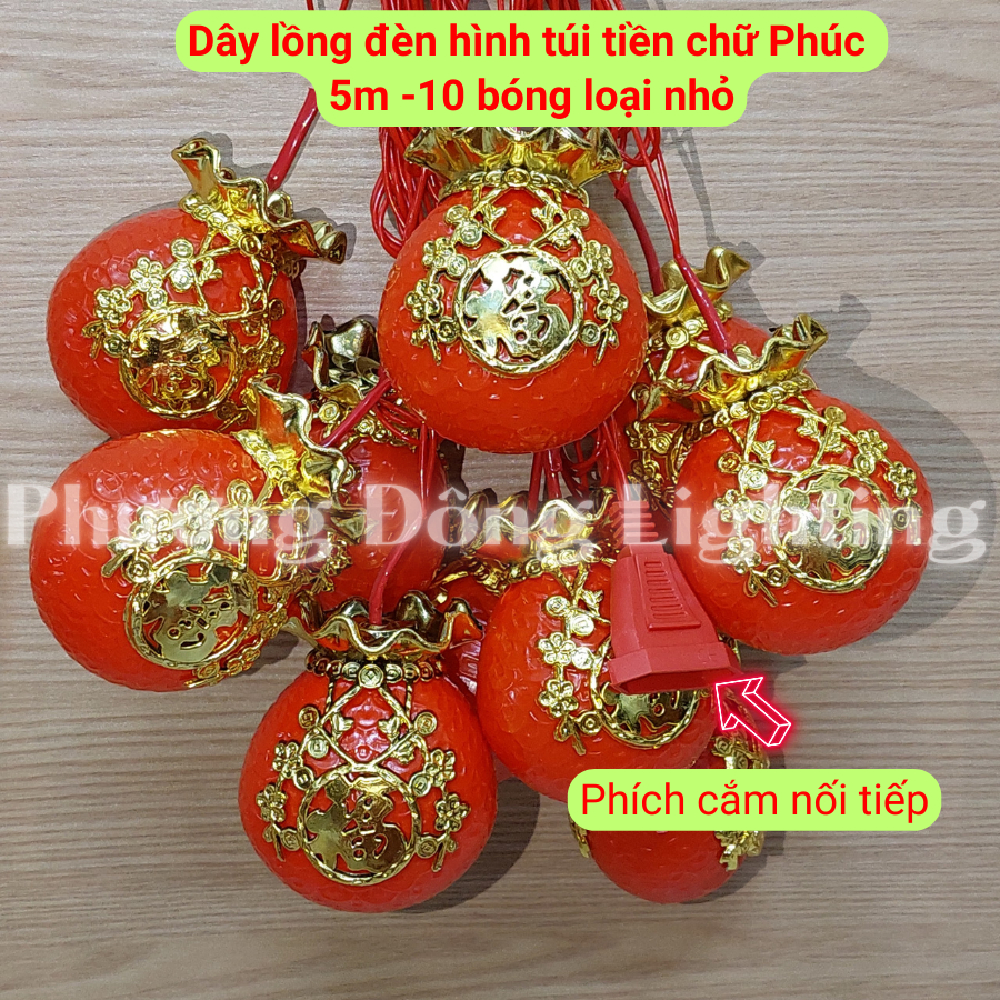 Dây lồng đèn LED hình túi tiền Chữ Phúc 5m - 10 bóng Màn lồng đèn đỏ túi tiền Cắm điện 220v