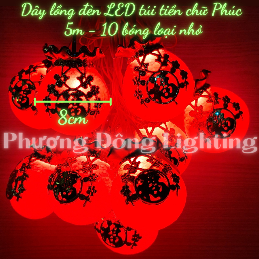 Dây lồng đèn LED hình túi tiền Chữ Phúc 5m - 10 bóng Màn lồng đèn đỏ túi tiền Cắm điện 220v