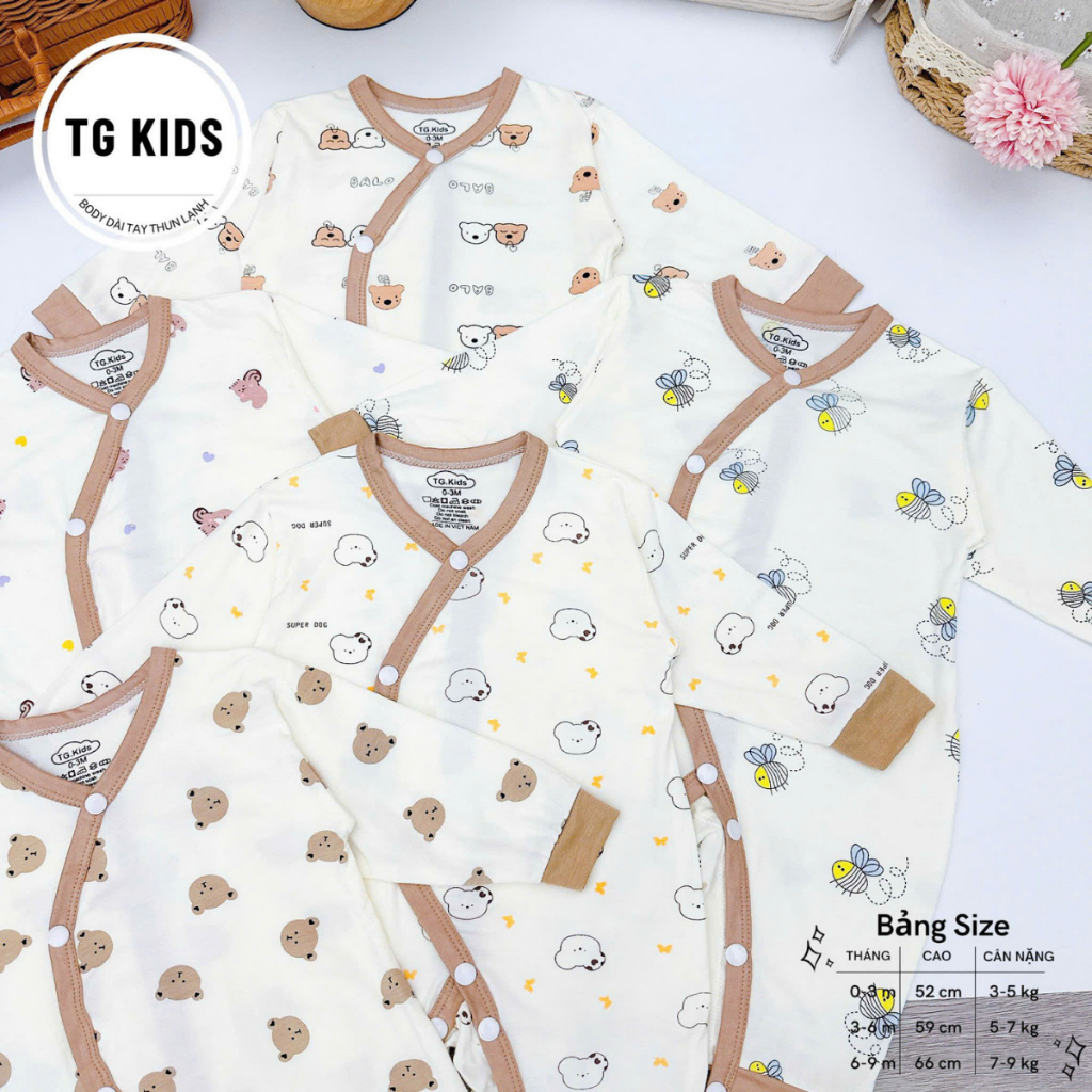Set 5 Bộ Body Thun Lạnh Dài Tay Cúc Bấm Cho Bé Sơ Sinh mềm mịn cho bé trai bé gái 3-9kg TG-BDTL06 Đậu Đậu Store