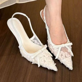 (Sẵn trắng 35,36) Giày Cao Gót Mũi Nhọn Lưới Hoa Công Sở Siêu Xinh Mẫu Mới Hàng QC