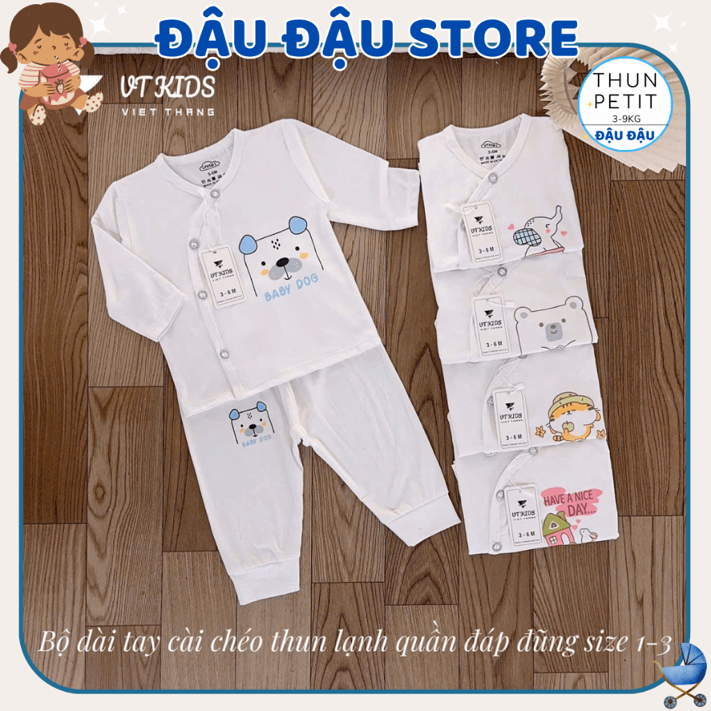 Set 5 Bộ dài tay VT thun lạnh cho bé sơ sinh 3-9 kg màu trắng chất thun lạnh mềm mịn in hoạ tiết DL016 Đậu Đậu Store
