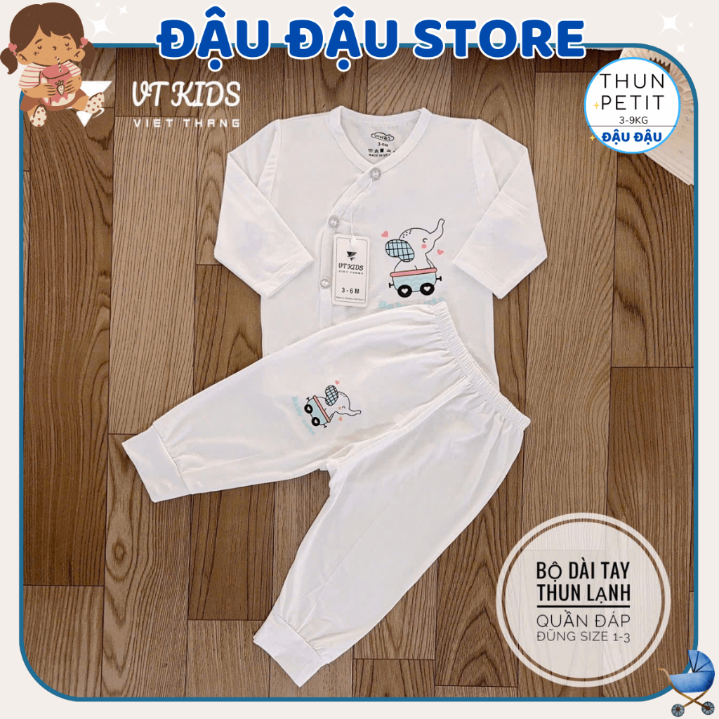 Set 5 Bộ dài tay VT thun lạnh cho bé sơ sinh 3-9 kg màu trắng chất thun lạnh mềm mịn in hoạ tiết DL016 Đậu Đậu Store