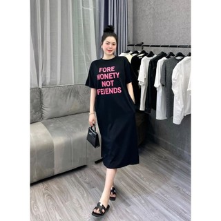 Váy Phông Suông Nữ Ngắn Tay In Chữ Hồng FORE MONEt Đầm Nữ Dáng Dài Form Thụng Freesize