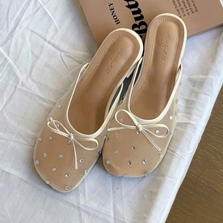 Dép Lê Nửa Gót, Dép Sục Lưới Kiểu Mary Jane Đính Đá Đế Bằng Êm Tiểu Thư Hàng QC