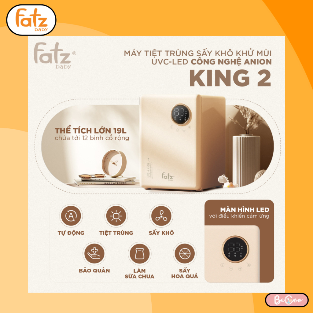 Máy tiệt trùng sấy khô UVC Anion Fatz baby KING 2 FB4799BT dung tích 19lit, màn Led cảm ứng, MẪU MỚI