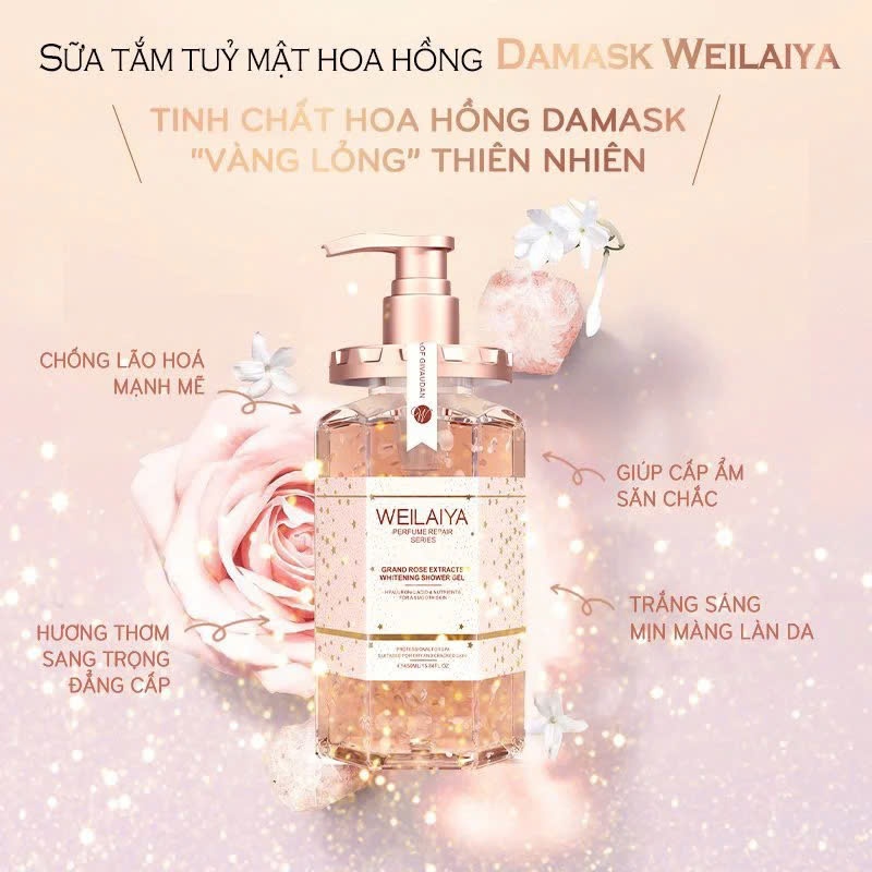 Sữa tắm trắng da Weilaiya cánh hoa cúc vạn thọ, cánh hoa hồng Damask và hoa trà Weilaiya 450ml