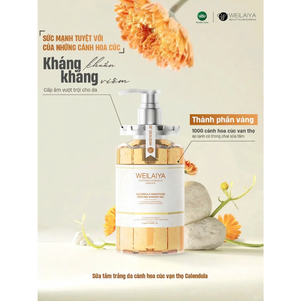 Sữa tắm trắng da Weilaiya cánh hoa cúc vạn thọ, cánh hoa hồng Damask và hoa trà Weilaiya 450ml