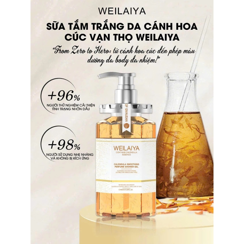 Sữa tắm trắng da Weilaiya cánh hoa cúc vạn thọ, cánh hoa hồng Damask và hoa trà Weilaiya 450ml