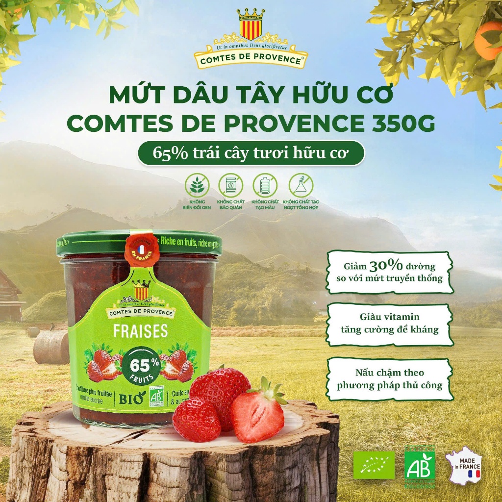 Mứt trái cây hữu cơ Comtes de Provence Organic Fruit Jams 350g sung, dâu tây, việt quất, mâm xôi...