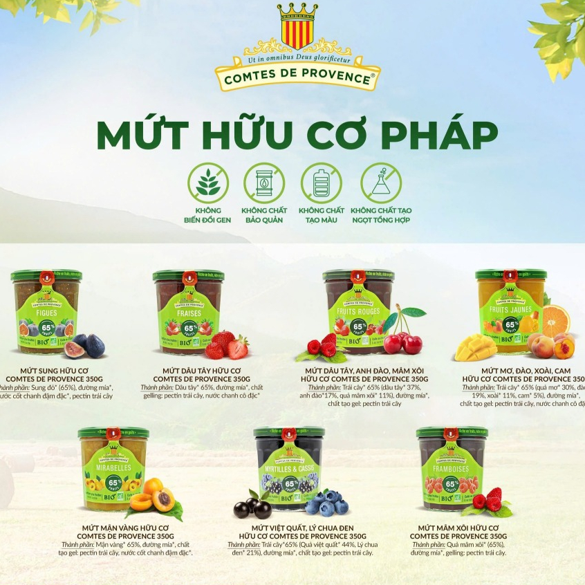 Mứt trái cây hữu cơ Comtes de Provence Organic Fruit Jams 350g sung, dâu tây, việt quất, mâm xôi...