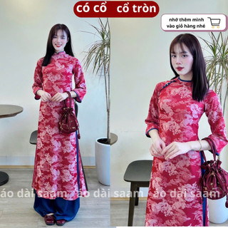 Áo dài cách tân nữ gấm Long Phụng màu đỏ mẫu mới họa tiết nổi phối cúc bọc chất liệu gấm cao cấp