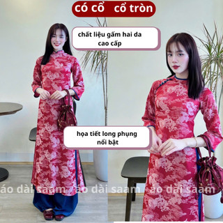 Áo dài cách tân nữ gấm Long Phụng màu đỏ mẫu mới họa tiết nổi phối cúc bọc chất liệu gấm cao cấp