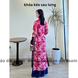 Áo dài cách tân nữ gấm Long Phụng màu đỏ mẫu mới họa tiết nổi phối cúc bọc chất liệu gấm cao cấp