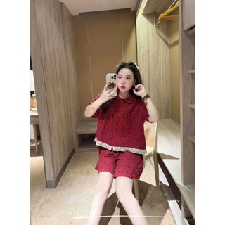 Set Bộ Đồ Nữ Mặc Nhà Đũi Hoa Nhí Màu Đỏ Áo Ngắn Tay PHối Viền Ren Mix Quần Sooc Đùi Freesize