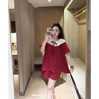Set Bộ Đồ Nữ Mặc Nhà Đũi Hoa Nhí Màu Đỏ Áo Ngắn Tay PHối Viền Ren Mix Quần Sooc Đùi Freesize