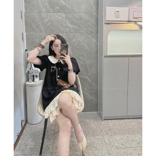 Váy Đầm Nữ Đen Phối Cổ Sen Kem Cúc Ngọc Kèm Tag Chaneo Cài Rời Phối Gấu Viền Voan 2 Tầng Freesize