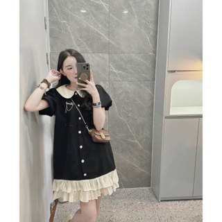 Váy Đầm Nữ Đen Phối Cổ Sen Kem Cúc Ngọc Kèm Tag Chaneo Cài Rời Phối Gấu Viền Voan 2 Tầng Freesize