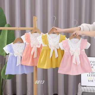 Váy bé gái dạng yếm xinh xắn cho bé 0-2 tuổi phối nơ to mặc đi học đi chơi thun cotton D1086