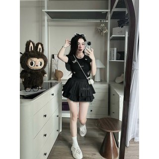 Set Bộ Đồ Nữ MIU Thêu Bướm Áo Tăm Ôm Body Vạt Bầu Mix Chân Váy Dập Ly Xòe 2 Tầng Freesize