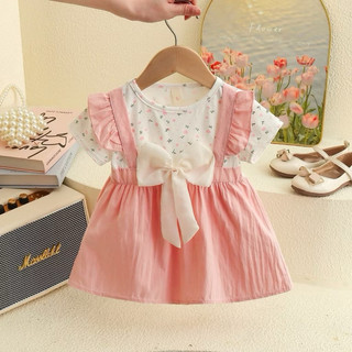 Váy bé gái dạng yếm xinh xắn cho bé 0-2 tuổi phối nơ to mặc đi học đi chơi thun cotton D1086