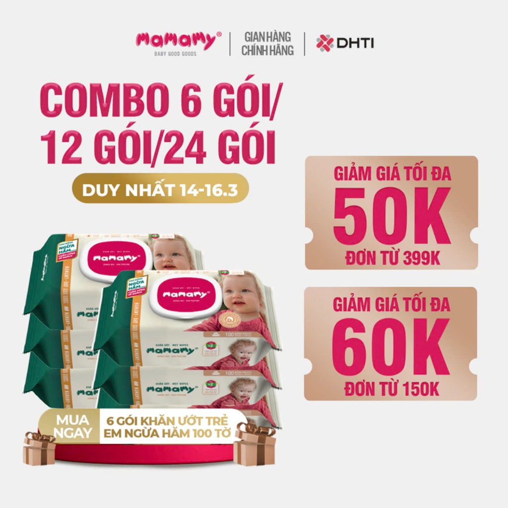 Khăn ướt cao cấp cho bé Mamamy gói 100 tờ sợi tự nhiên gấp đôi ngừa hăm ...