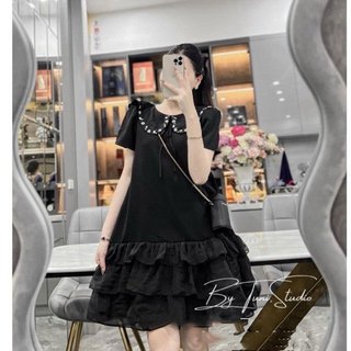 Váy Suông Nữ Cổ Sen Đính Viền Cúc Ngọc Đá Phối Gấu Voan Xếp Tầng Đầm Nữ Ngắn Tay Freesize From Xuông Rộng