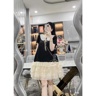 Váy Suông Nữ Cổ Sen Đính Viền Cúc Ngọc Đá Phối Gấu Voan Xếp Tầng Đầm Nữ Ngắn Tay Freesize From Xuông Rộng