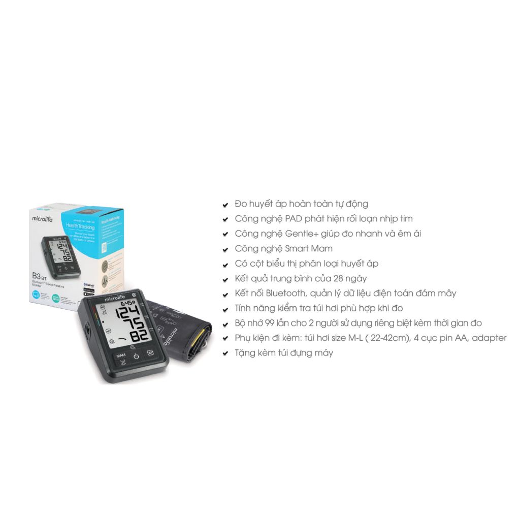 Máy đo huyết áp bắp tay Microlife B3 Bluetooth đo hoàn toàn tự động, bộ nhớ 99 lần cho 2 người tiện theo dõi