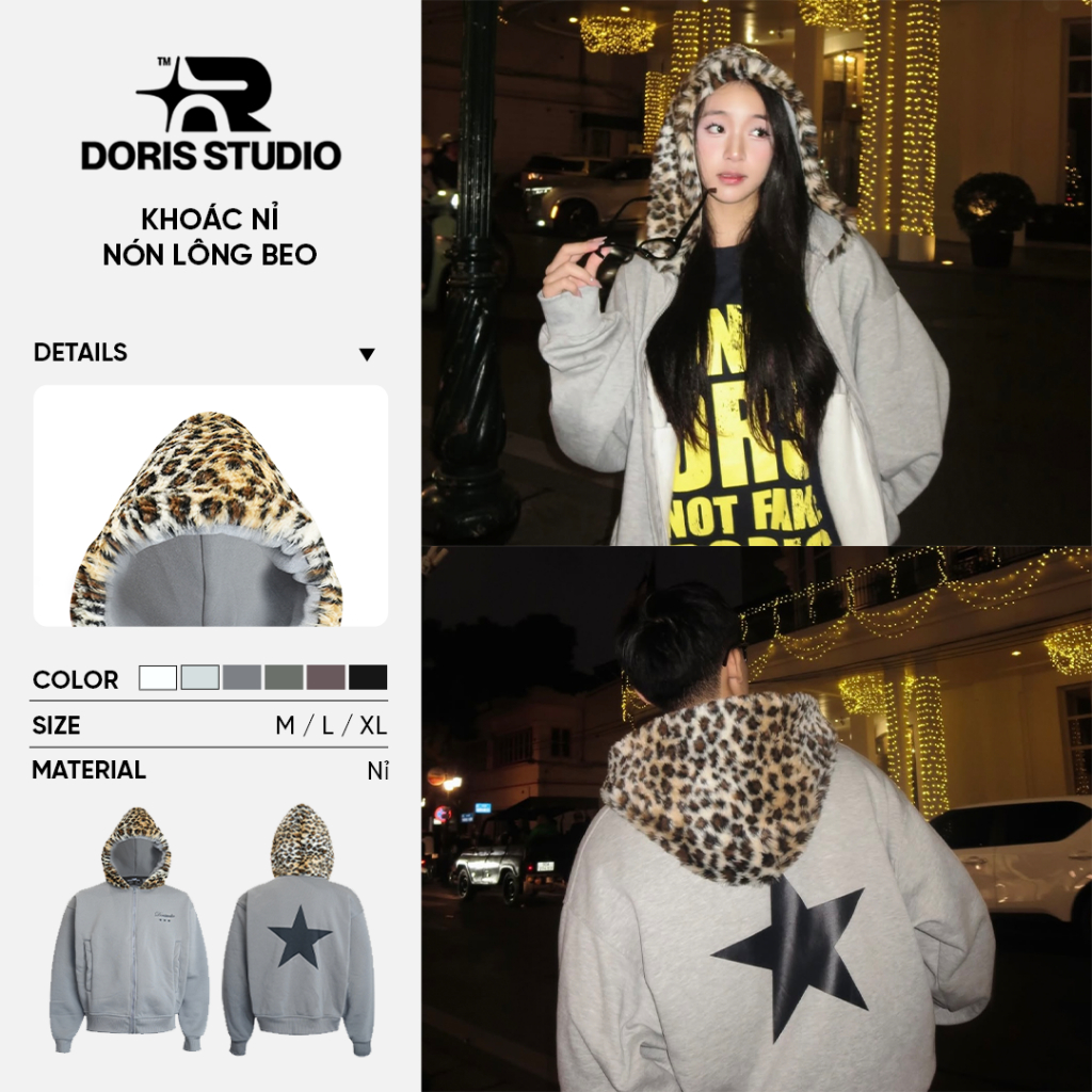 Áo khoác nỉ nón lông beo Doris Star / Doris / Form unisex
