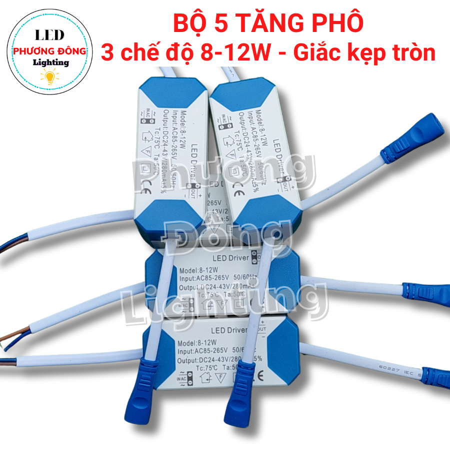Bộ 5 Tăng phô đèn LED Âm trần Ốp trần - Jack kẹp tròn 3 chế độ 8-12w.