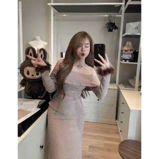 Set Bộ Đồ Nữ Len Thỏ Ôm Body Áo Trễ Lệch Vai Bèo Đính Cúc Tay Lông Nhún Eo Mix Chân Váy Đuôi Cá Dáng Dài Freesize