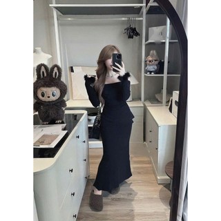 Set Bộ Đồ Nữ Len Thỏ Ôm Body Áo Trễ Lệch Vai Bèo Đính Cúc Tay Lông Nhún Eo Mix Chân Váy Đuôi Cá Dáng Dài Freesize