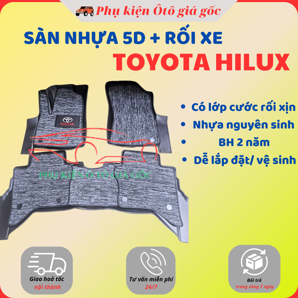 Thảm lót sàn NHỰA 5D TRÀN VIỀN xe Toyota Hilux 2016 - 2025 Thảm NHỰA TPE 5D đúc nguyên khối theo xe - 2 hàng