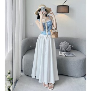 Set Bộ Đồ Nữ Áo 2 Dây Caro Xanh Phối Ren Ngực Khóa Lưng Mix Chân Váy Trắng Dáng Dài Xòe Rộng Có Đệm Ngực Freesize
