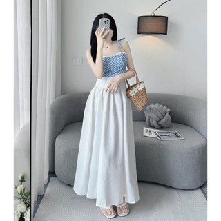 Set Bộ Đồ Nữ Áo 2 Dây Caro Xanh Phối Ren Ngực Khóa Lưng Mix Chân Váy Trắng Dáng Dài Xòe Rộng Có Đệm Ngực Freesize