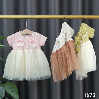 Váy bé gái tu tu ngắn tay phối túi nơ dễ thương 6-11kg D1092