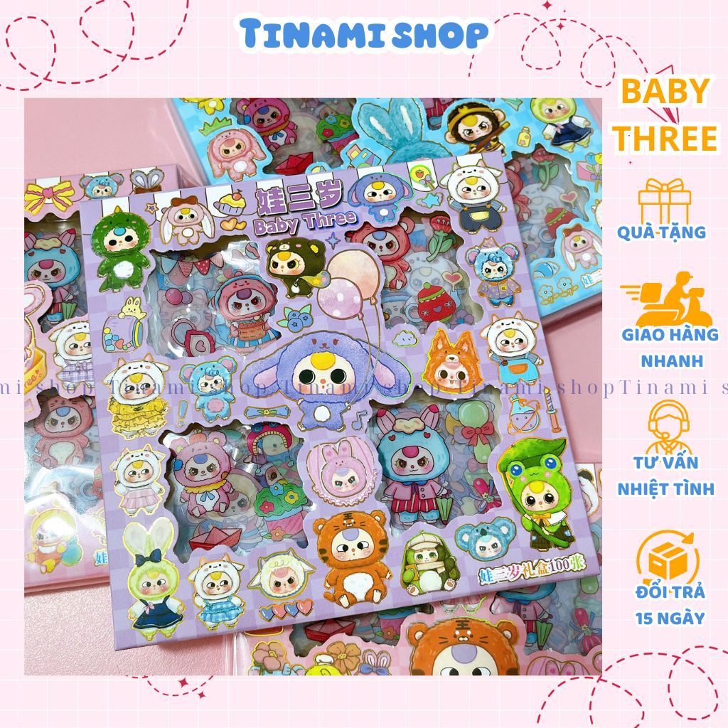 Hộp 96 miếng nhãn dán Baby Three miếng dán sticker nhựa trong siêu xinh ...