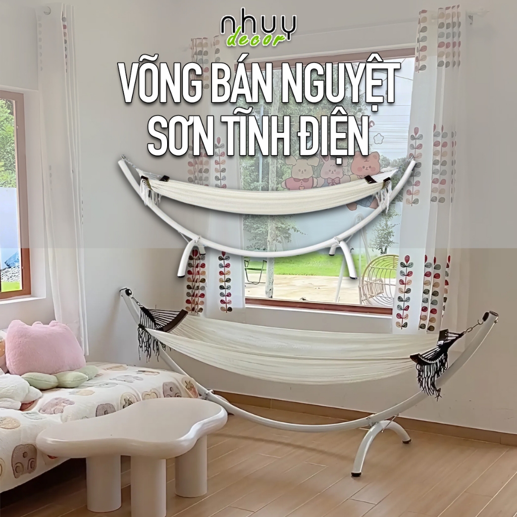 Võng bán nguyệt chính hãng NHU Y DECOR, võng lắp ráp khung thép mạ kẽm sơn tĩnh điện chịu lực 300kg, lưới võng siêu bền