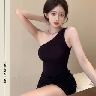 Đầm body màu đen không tay gợi cảm váy hông một bên vai chéo GISCHY - GC58