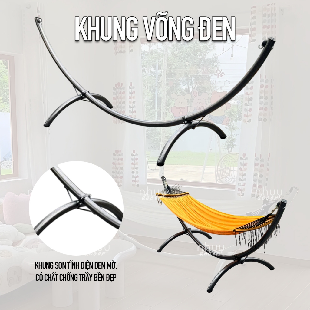 Võng bán nguyệt chính hãng NHU Y DECOR, võng lắp ráp khung thép mạ kẽm sơn tĩnh điện chịu lực 300kg, lưới võng siêu bền