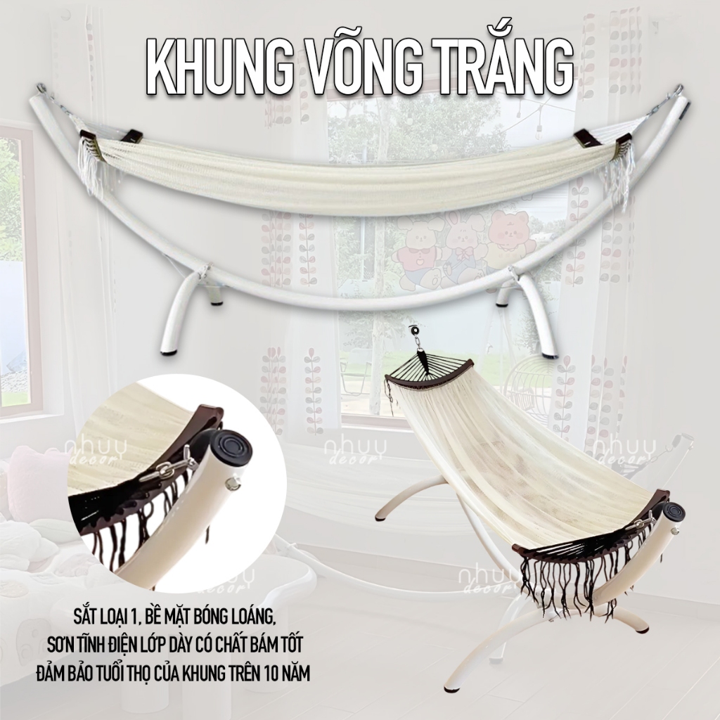 Võng bán nguyệt chính hãng NHU Y DECOR, võng lắp ráp khung thép mạ kẽm sơn tĩnh điện chịu lực 300kg, lưới võng siêu bền