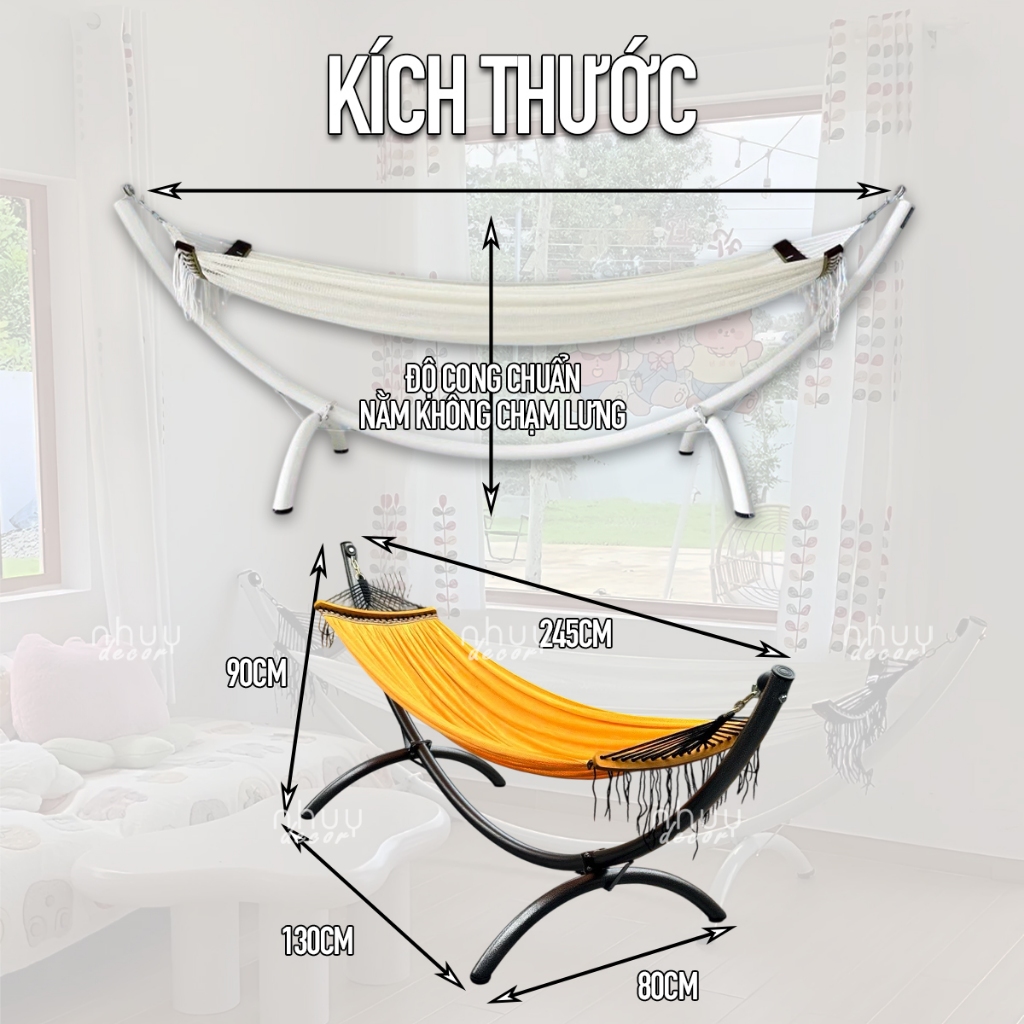 Võng bán nguyệt chính hãng NHU Y DECOR, võng lắp ráp khung thép mạ kẽm sơn tĩnh điện chịu lực 300kg, lưới võng siêu bền