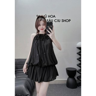 Set Bộ Đồ Nữ Áo Váy Tơ Nhăn Cổ Yến Hoa Nổi 2 Lớp Mix Quẩn Sooc Đùi Mặc Trong Freesize