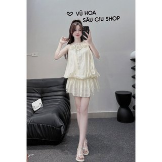 Set Bộ Đồ Nữ Áo Váy Tơ Nhăn Cổ Yến Hoa Nổi 2 Lớp Mix Quẩn Sooc Đùi Mặc Trong Freesize