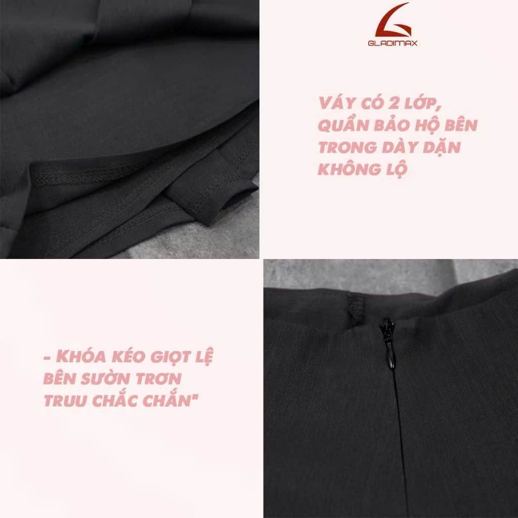 GLADIMAX Chân Váy Xếp Ly 2 Lớp Có Bảo Hộ VN152 Hack Dáng l Chất KAKI  l SHORT SKIRT 2025
