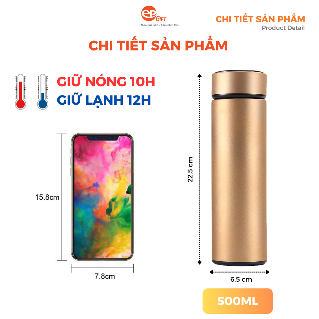 Bình Nước Giữ Nhiệt Epvina Gift Nắp Bạc Chất Liệu Inox 304 Chống Gỉ Dung Tích 500ml